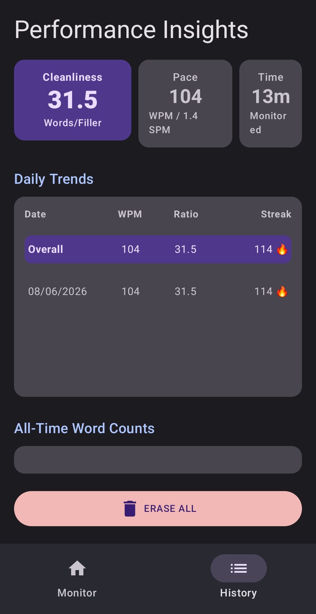 Session history screen