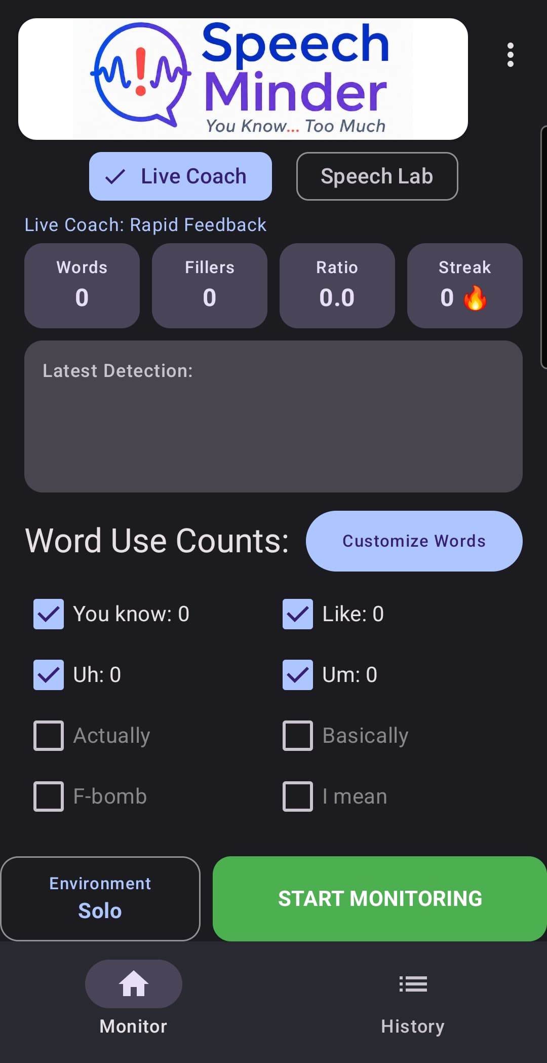 Speech Minder Home Live Coach screen