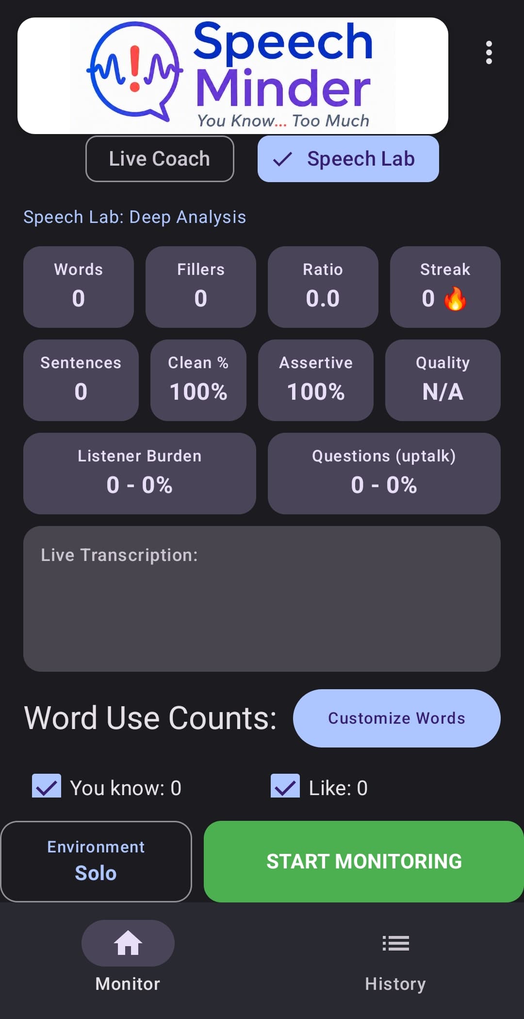 Speech Minder Home Speech Lab screen