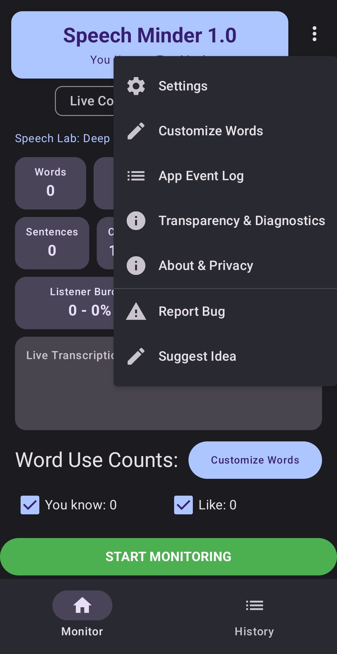 Menu and quick actions screen